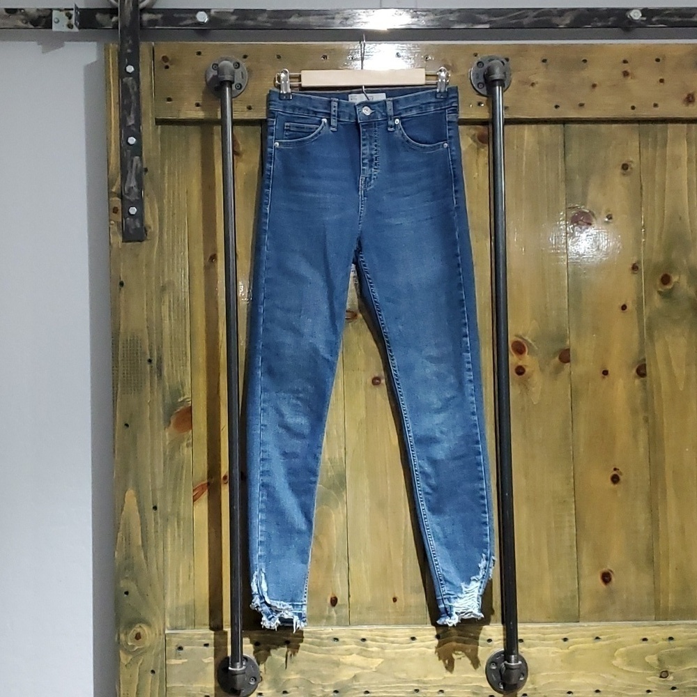 TOPSHOP JAMIE MOTO BLUE DENIM JEANS SIZE 28 x 32 RAW HEM